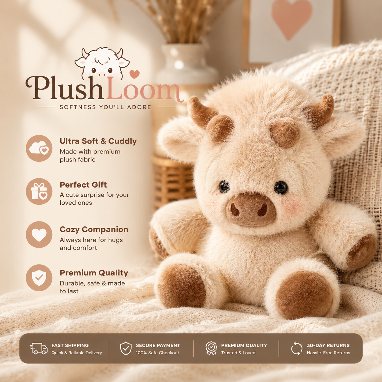 PlushLoom™ Running Highland Cow Plushie